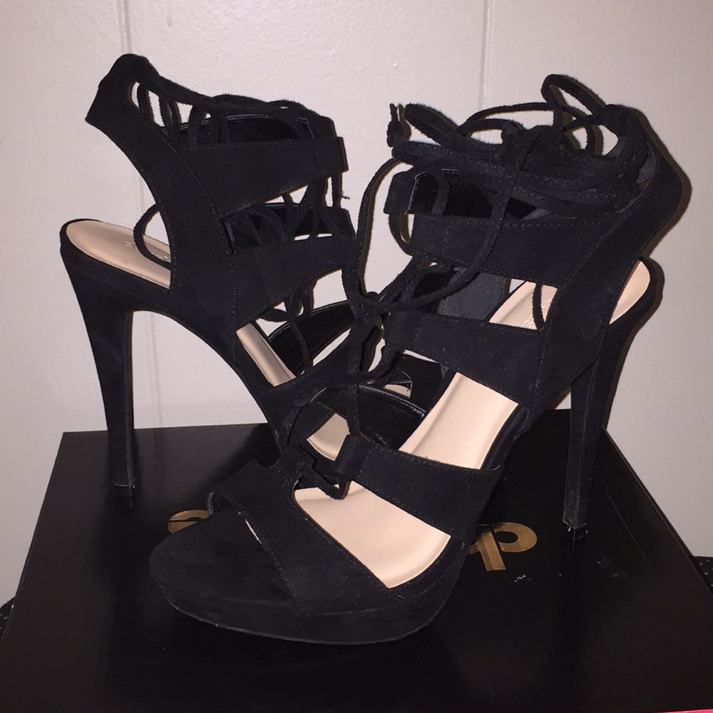 Black Suede Open Toe Heels